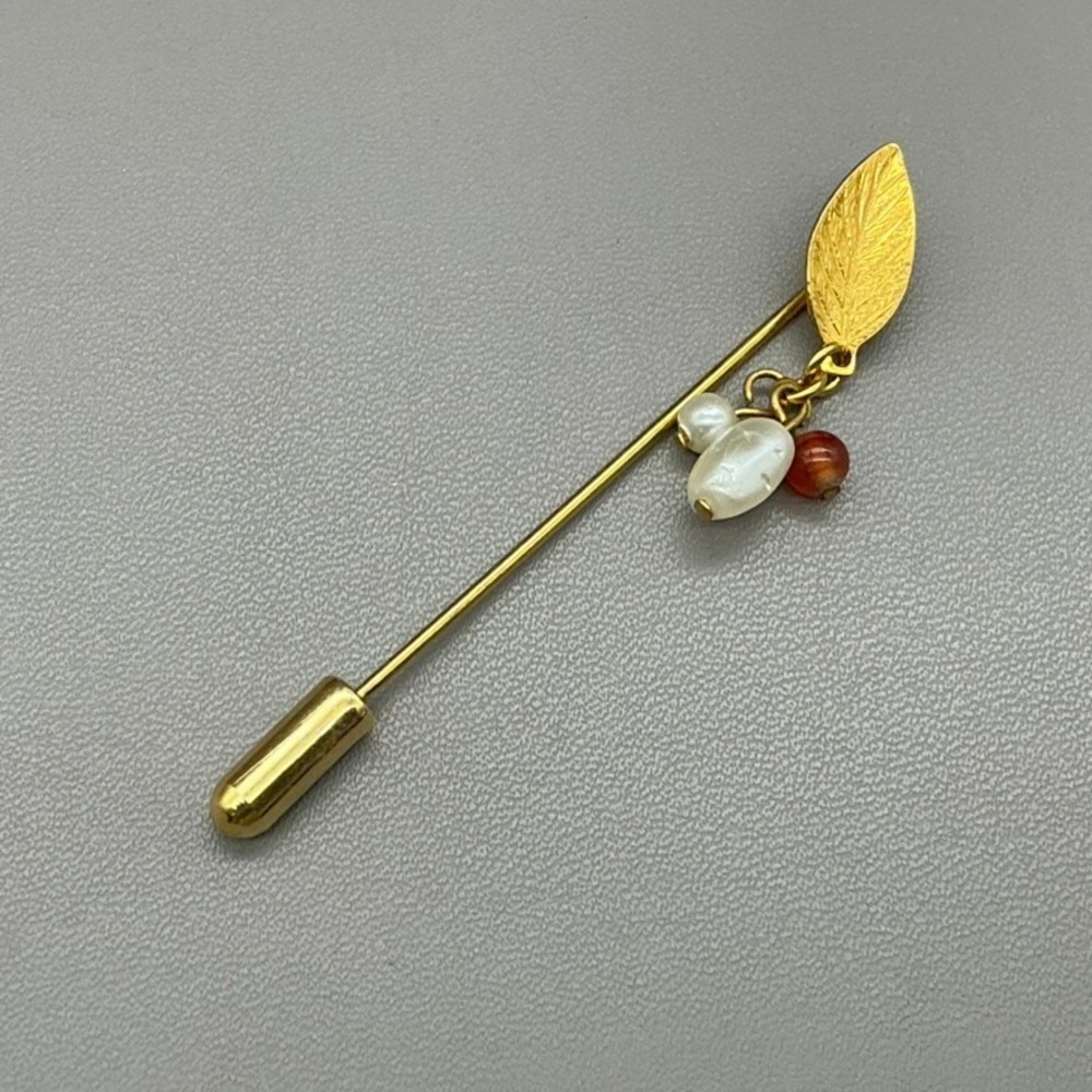Stick Pin Women Gold Tone Leaf Faux Pearl Red Bead Dangle Vintage Lapel 2.5 Inch